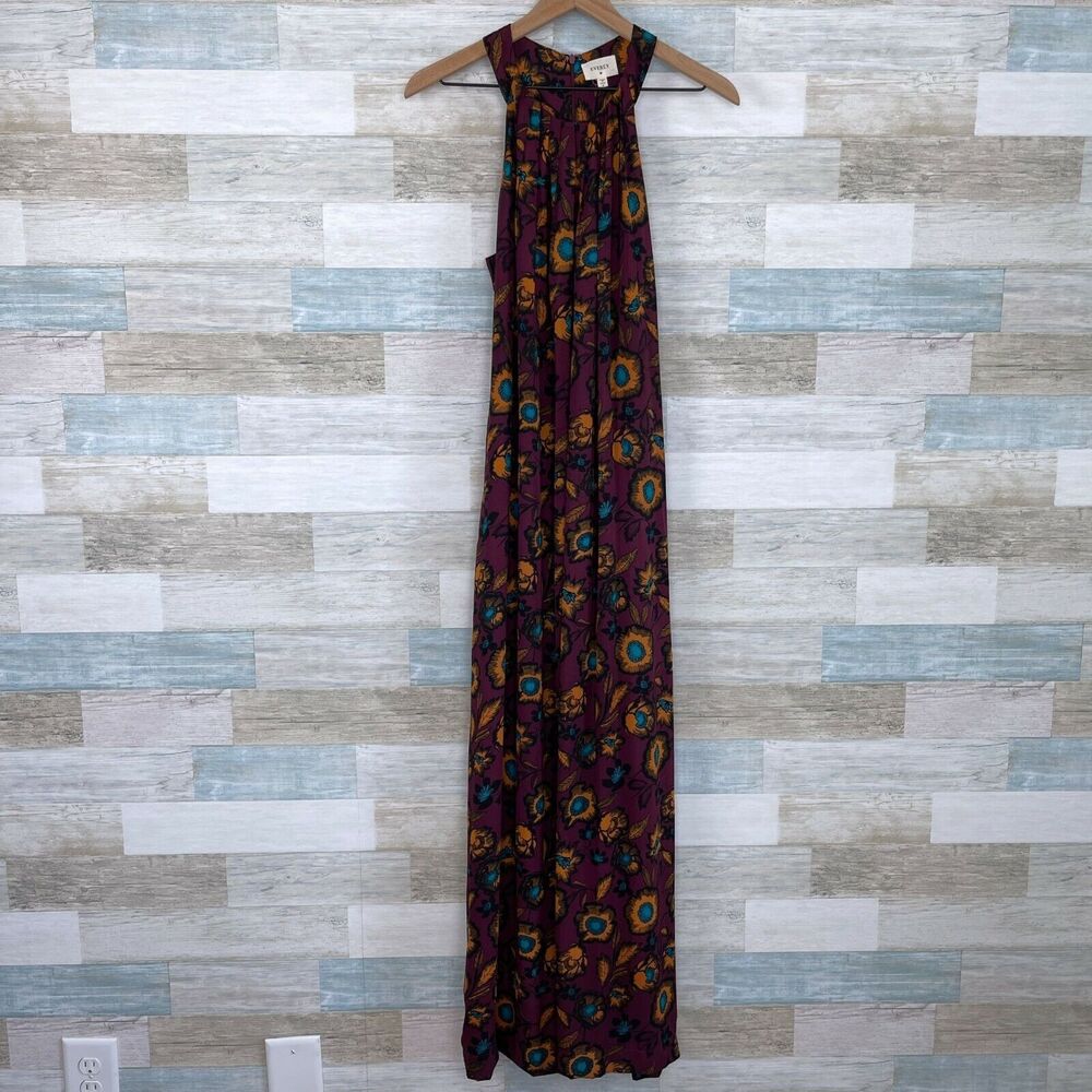 Everly Floral Halter Maxi Dress Burgundy Red Yellow Pleated Casual Womens Small